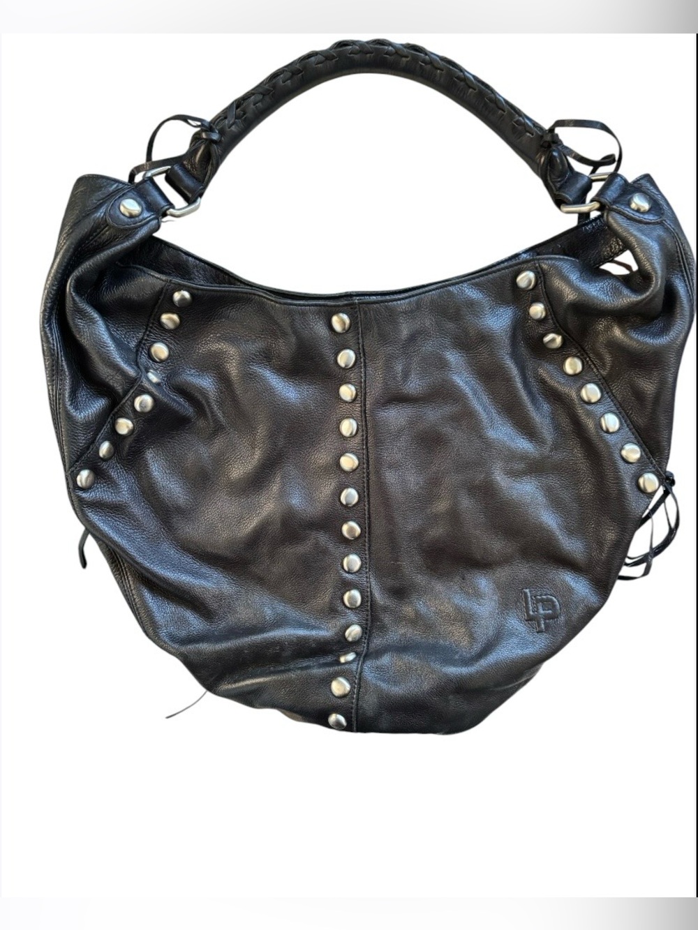 Linea Pelle Black Studded Leather Hobo Bag